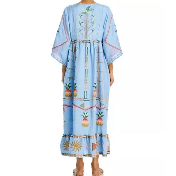 FARM Rio NWT Embroidered Pineapple Maxi Dress Beaded Tassel Linen Blue Size S - Picture 11 of 16
